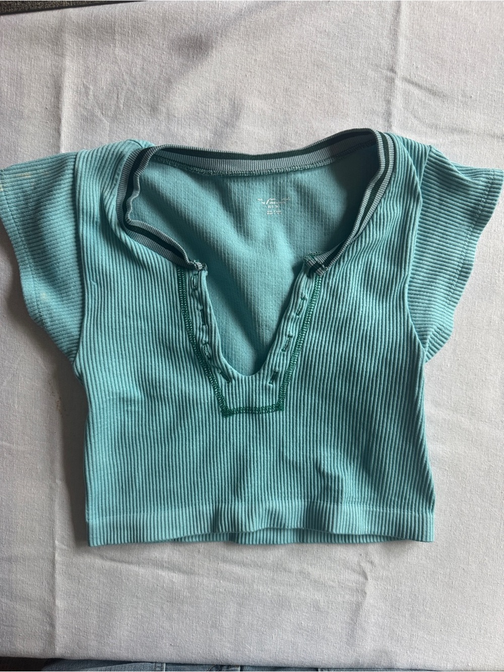 Out from Under Ribbed Scoop V-Neck Crop Top in Aqua Teal